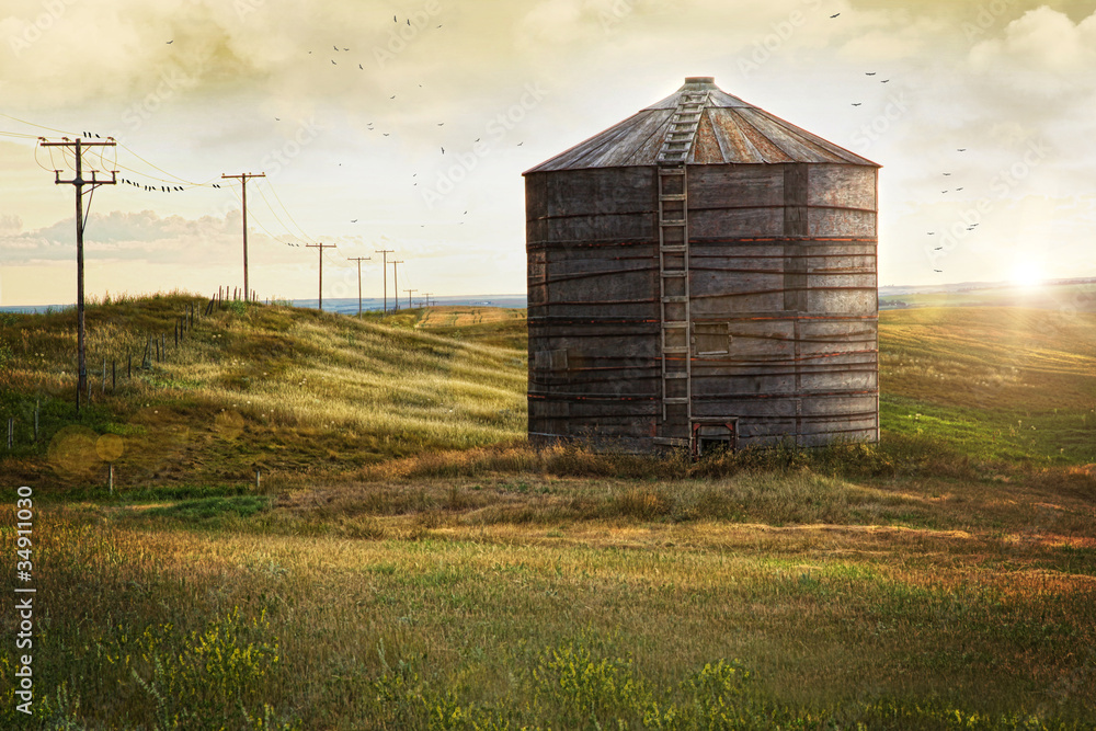 Abandoned wood grain storage bin in Saskatchewan - obrazy, fototapety, plakaty 