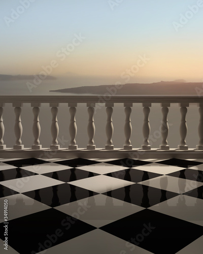 Antique  romantic marble balcony checkered floor greek sunset