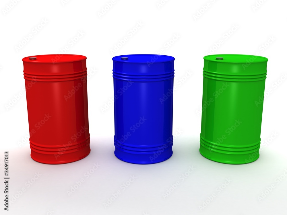 Three color steel barrels on white background Three color steel barrels on white background