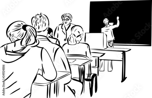 design students in the class and the girls at the blackboard