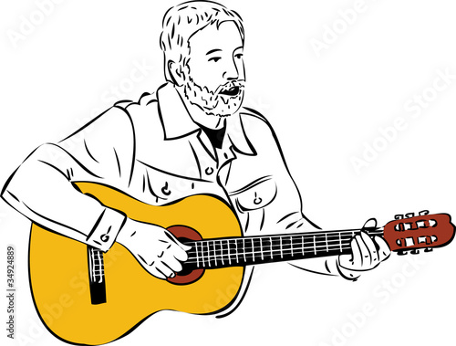 a sketch of a man with a beard playing a guitar