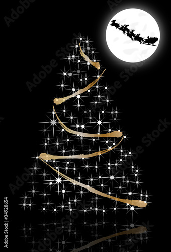 Tarjeta de Navidad con arbol y santa claus con los renos