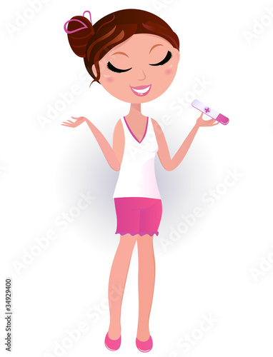 Pregnancy testing: Woman with baby test isolated on white.