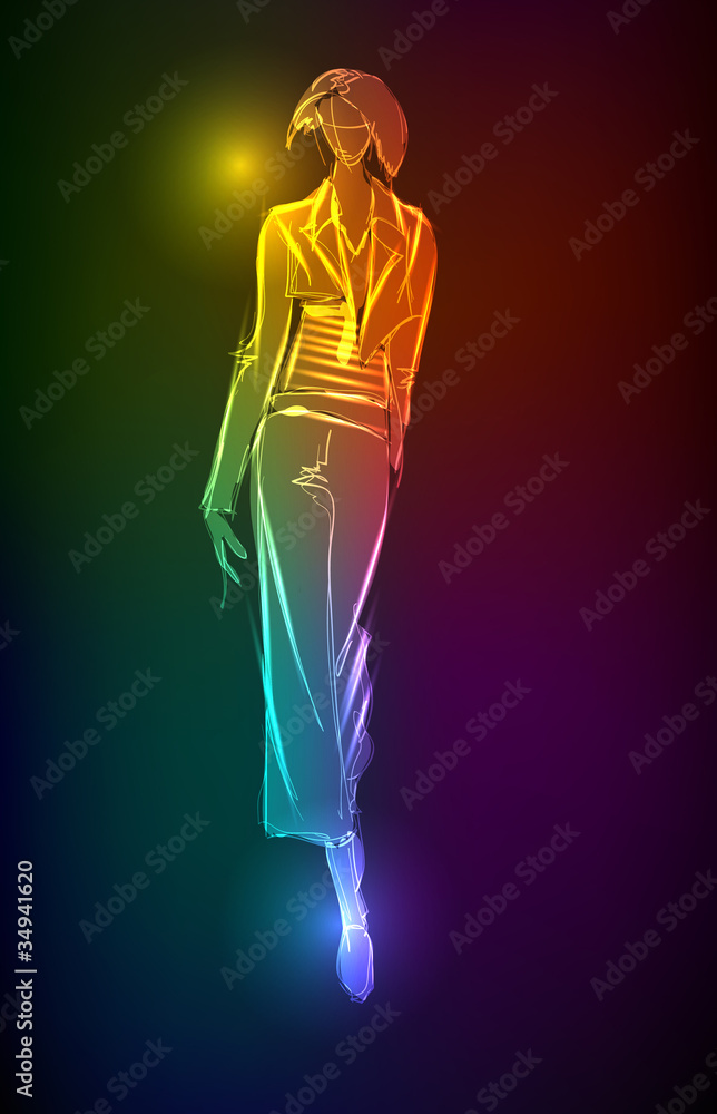 Hand-drawn fashion model from a neon. Vector illustration. A lig Hand-drawn fashion model from a neon. Vector illustration. A lig