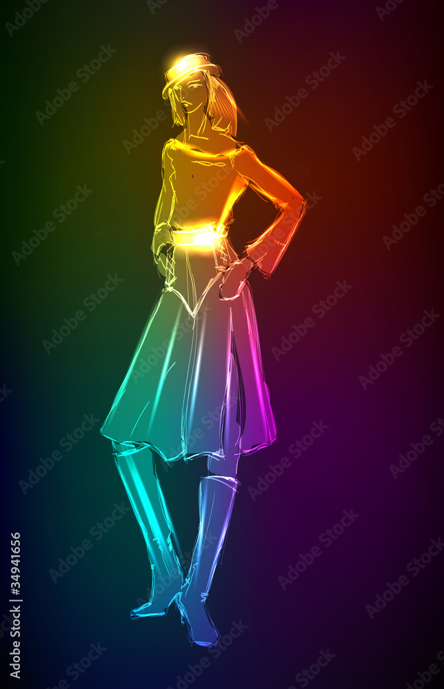 Fototapeta premium Hand-drawn fashion model from a neon. Vector illustration. A lig