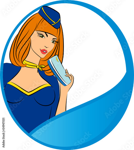 Beautiful stewardess with air ticket.