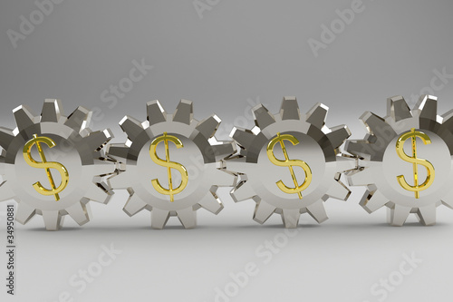 Silvery gears with a gold dollar sign. 3d render