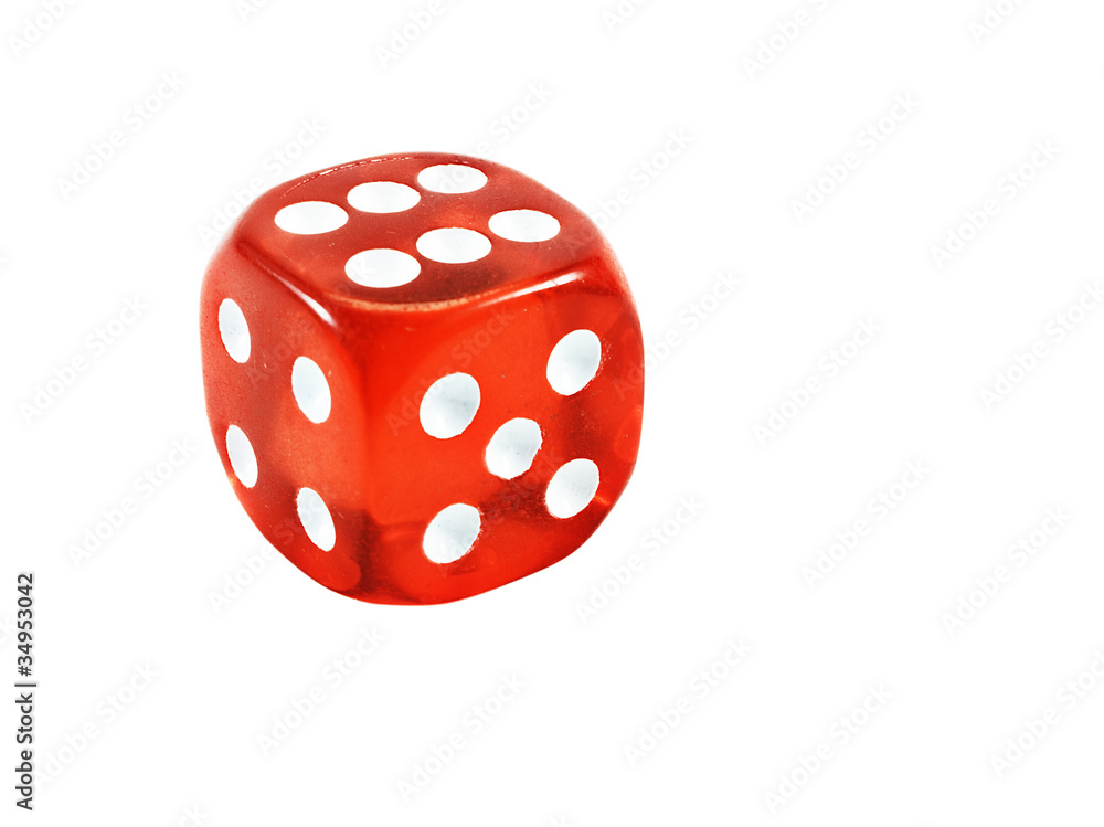 The classic red dice, isolated on white.
