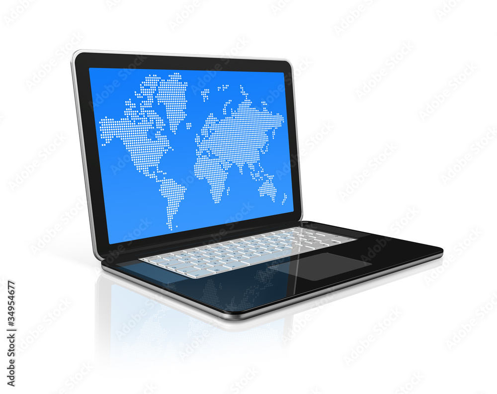 black Laptop computer isolated on white with worldmap on screen black Laptop computer isolated on white with worldmap on screen