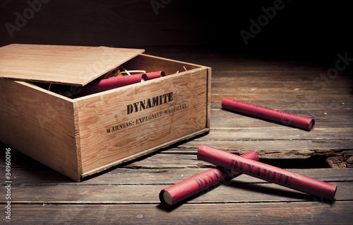 dangerous dynamite sticks on wooden a box