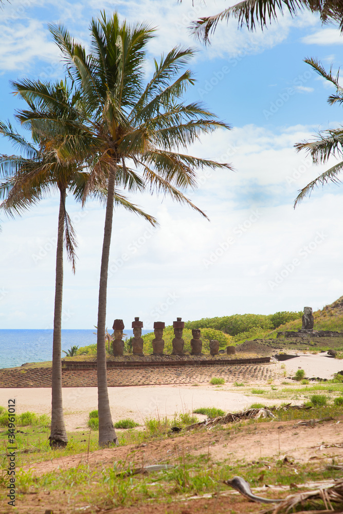 Landscape Easter island with statues Landscape Easter island with statues