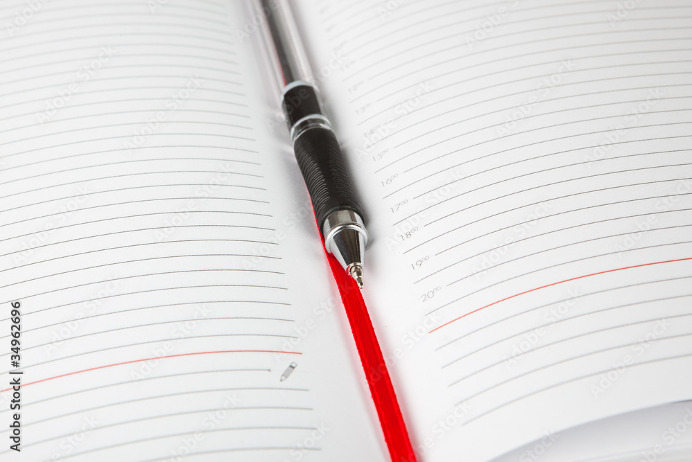 The open daily log with a bookmark and the pen The open daily log with a bookmark and the pen