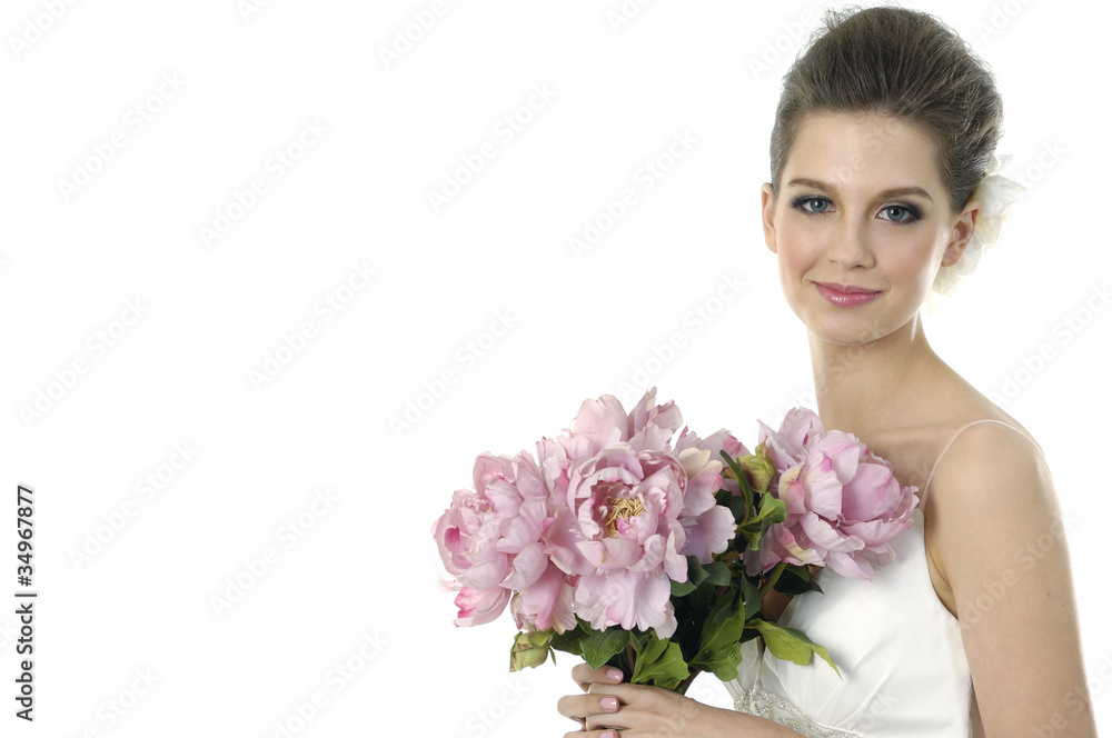 Border of beautiful bride holding pink flower