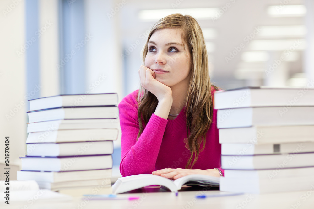 in the library - pretty, female student with books in the library - pretty, female student with books