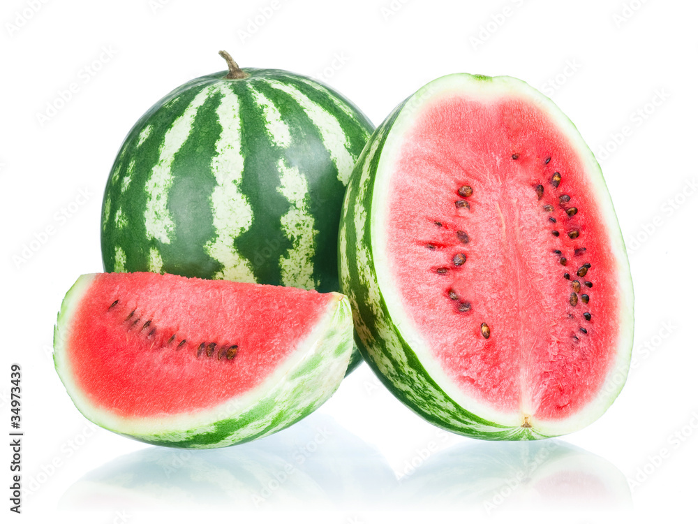 Whole watermelon, half and slice on a white background Whole watermelon, half and slice on a white background