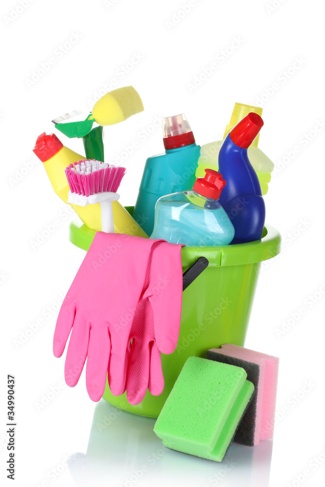 detergent bottles, brushes, gloves and sponges in bucket detergent bottles, brushes, gloves and sponges in bucket