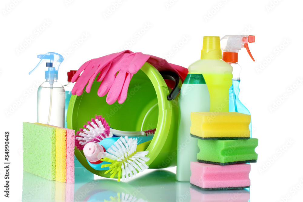 detergent bottles, brushes, gloves and sponges in bucket detergent bottles, brushes, gloves and sponges in bucket