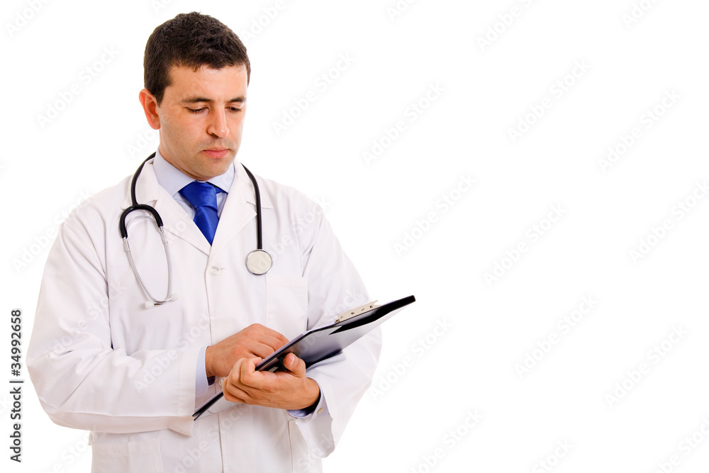 Image of young doctor looking at the notebook, isolated on white Image of young doctor looking at the notebook, isolated on white