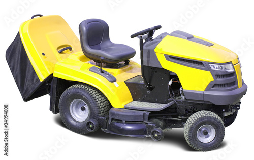 Yellow lawn mower over white