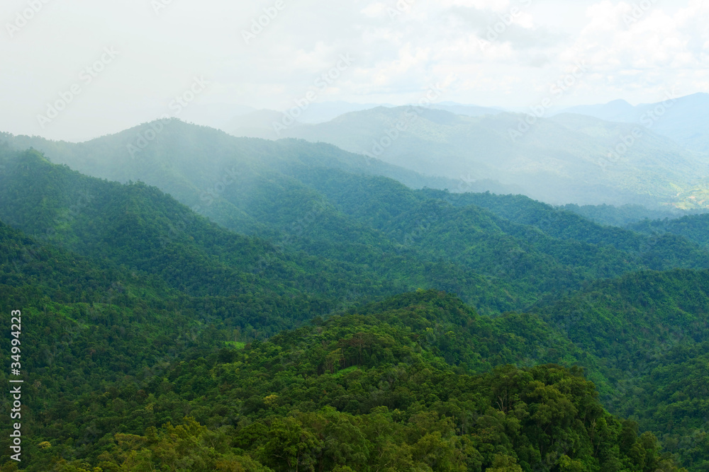 Fototapeta premium Mountain by green grass and cloudy blue sky