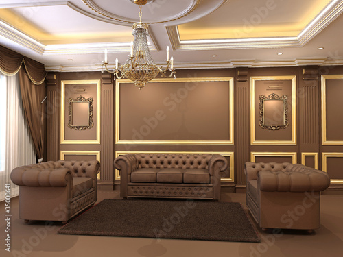 Luxe. Golden decorative and modern chesterfield sofa with armcha photo