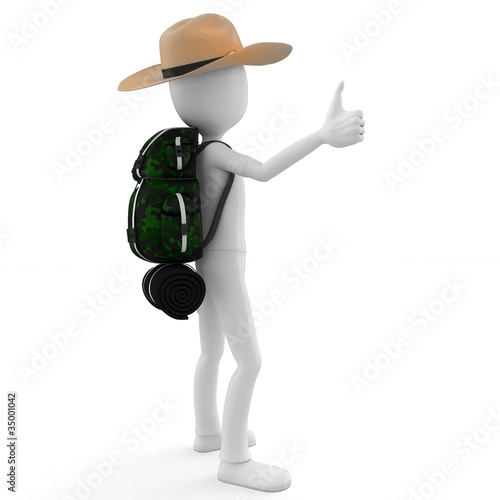 3d man hitcher tourist with a backpack photo