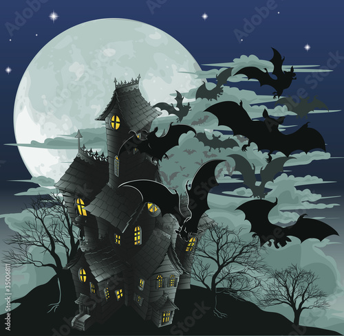 Haunted house and bats illu...