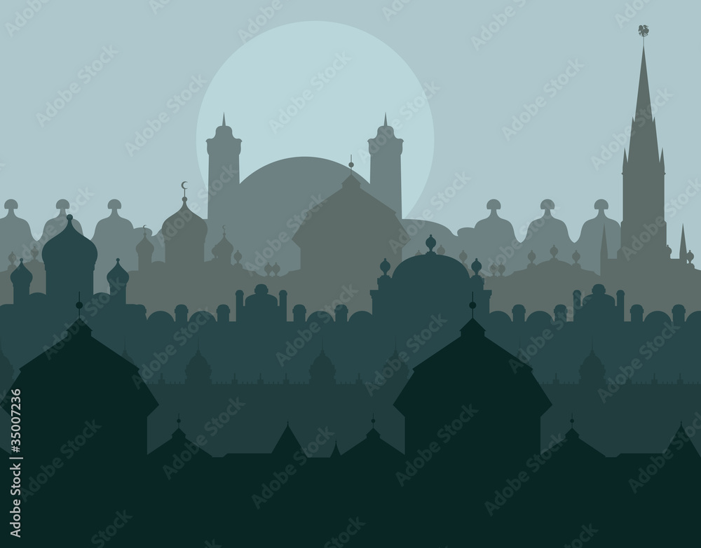 Europe city vector background with many cathedrals and churches