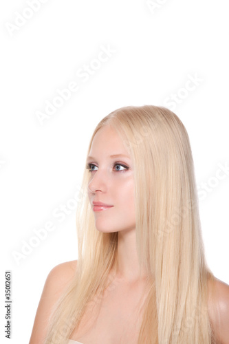 beautiful woman with magnificent long straight blond shiny hair