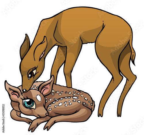 Cartoon baby deer with mother