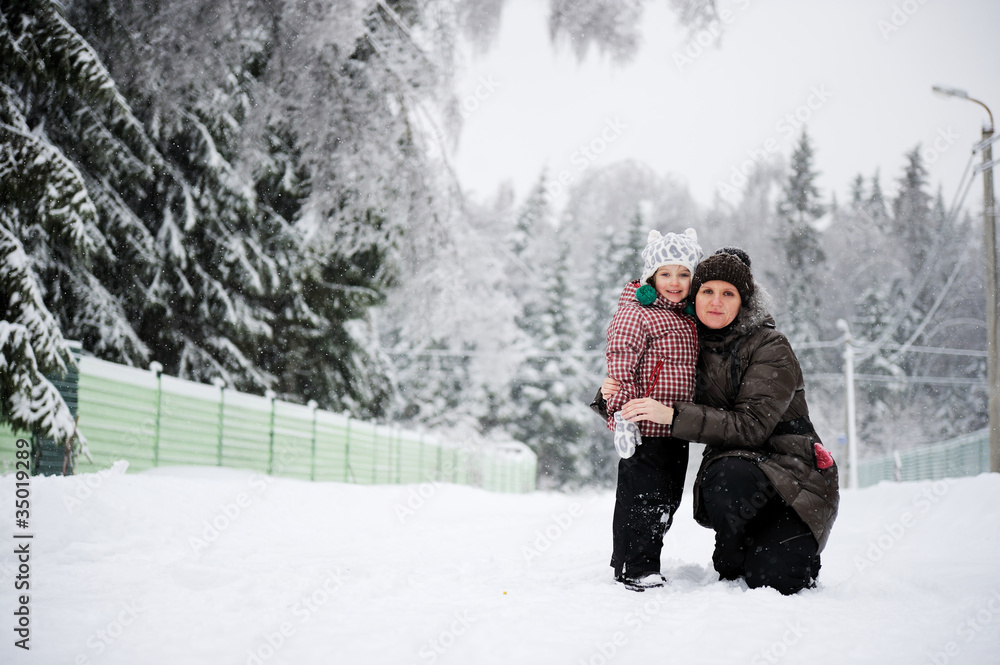 Winter portrait of young mother and daughter