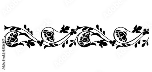Seamless horizontal monochrome border with stylized flowers