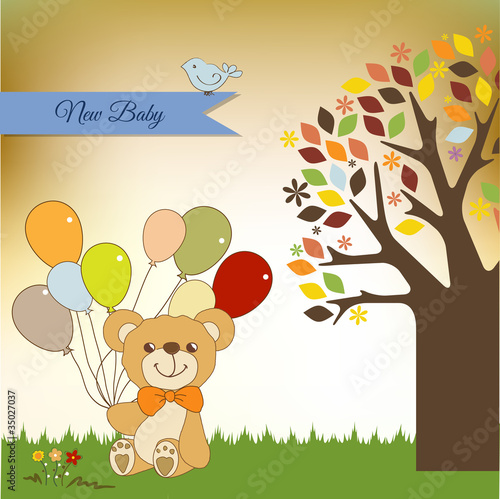 baby invitation with teddy bear and balloons
