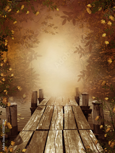 Jesienny krajobraz z drewnianym molo