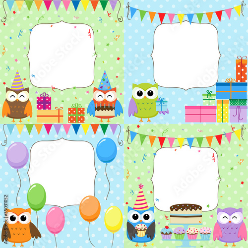 Set of vector birthday cards with cute owls.