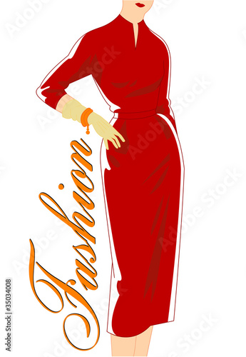 Vintage fashion silhouette of women in red dress