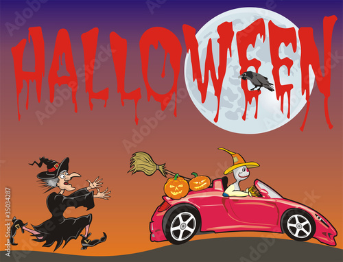 halloween - scarecrow running from a witch