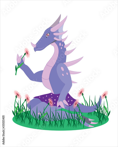 The girl a dinosaur with a flower.