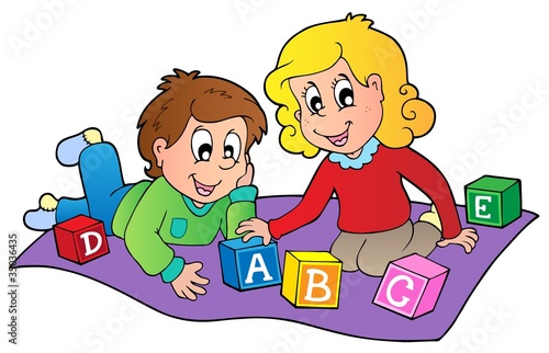 Two kids playing with bricks