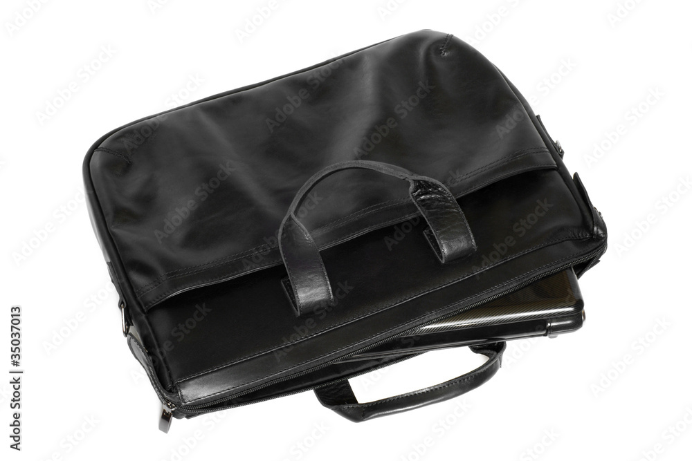 Black leather computer bag with laptop Black leather computer bag with laptop