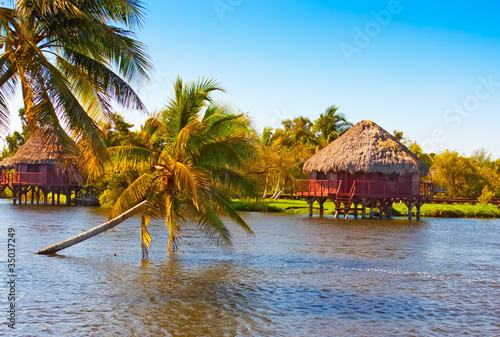 Traditional thatched houses on a lake in Cuba photo