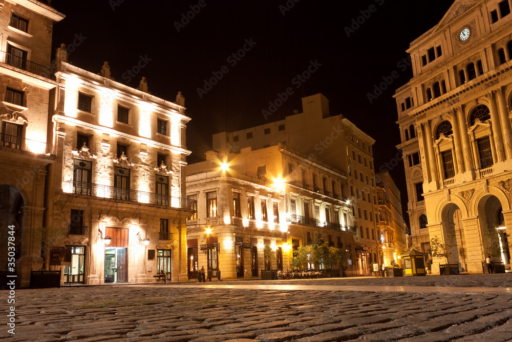 The square of San Francisco in Old Havana illuminated at night