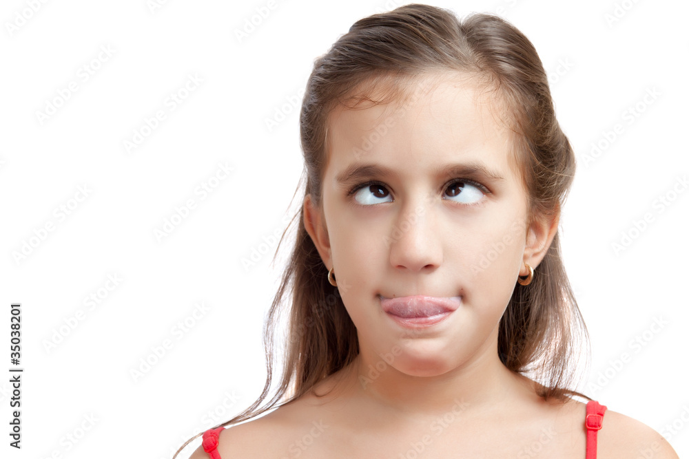 Cross-eyed girl isolated on white Stock Photo