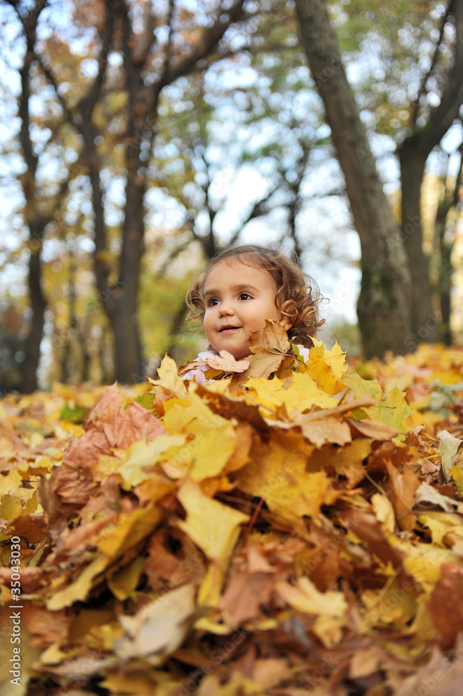 Girl covered with leaves in the park Girl covered with leaves in the park