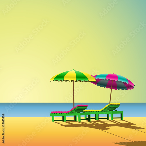 Two Sunloungers and Parasols on a Beach