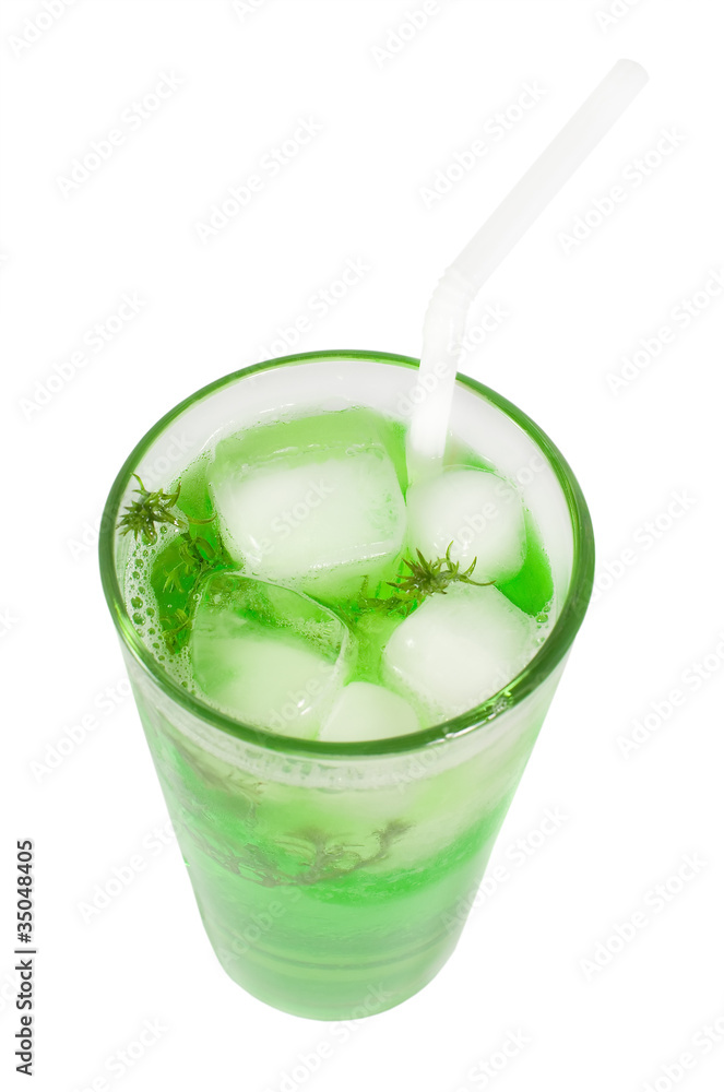 Green cocktail with herb isolated, top view Green cocktail with herb isolated, top view