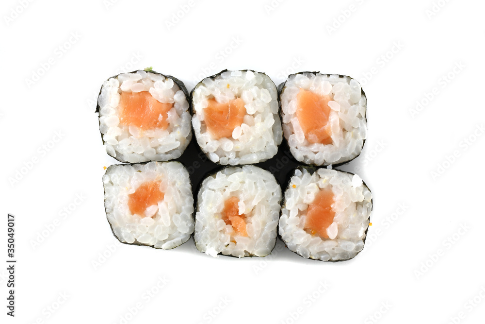 Salmon Maki sushi isolated in white background Salmon Maki sushi isolated in white background