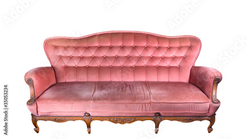 Vintage pink sofa isolated on white background
