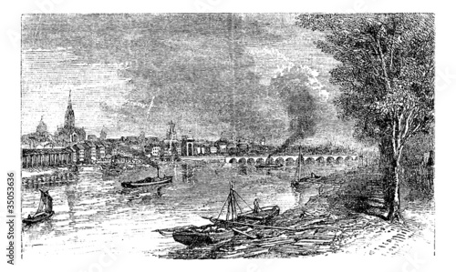 Bordeaux port city, Garonne River, France, vintage engraving.