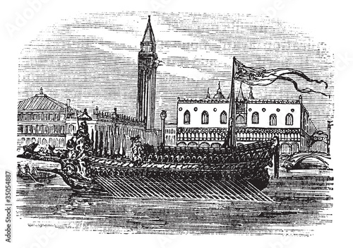 Bucentaur, galley, doges of Venice, vintage engraving.